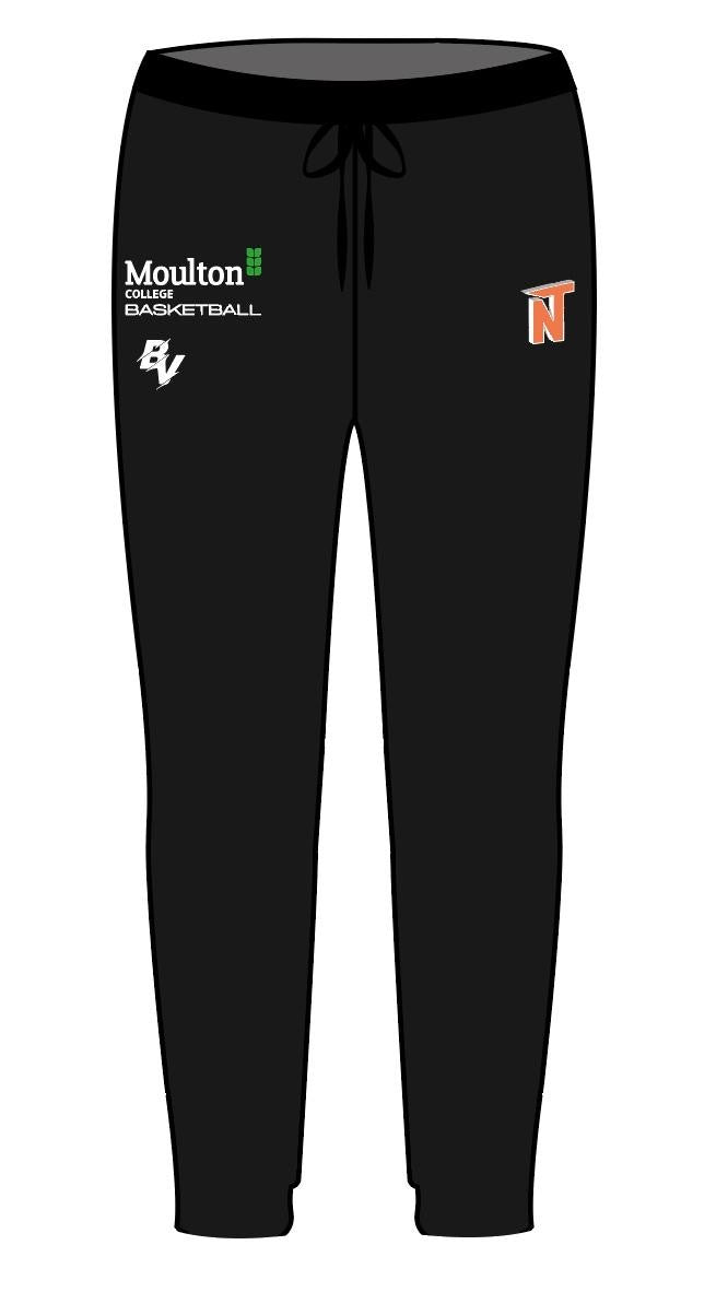 Black sweatpants with a drawstring waist, featuring the Moulton Women's Basketball logo on the left thigh and an orange 'N' logo on the right thigh, shown on a plain white background.