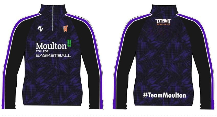 Front and back views of a Moulton College Basketball zip-up track jacket. The jacket features a black and dark purple patterned body with purple and white side stripes, white 'Moulton College Basketball' text on the front, and 'TITANS BASEBALL' and '#TeamMoulton' on the back.