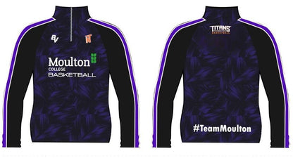 Front and back views of a Moulton College Basketball zip-up track jacket. The jacket features a black and dark purple patterned body with purple and white side stripes, white 'Moulton College Basketball' text on the front, and 'TITANS BASEBALL' and '#TeamMoulton' on the back.