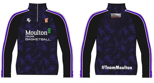 Front and back views of a Moulton College Basketball zip-up track jacket. The jacket features a black and dark purple patterned body with purple and white side stripes, white 'Moulton College Basketball' text on the front, and 'TITANS BASEBALL' and '#TeamMoulton' on the back.